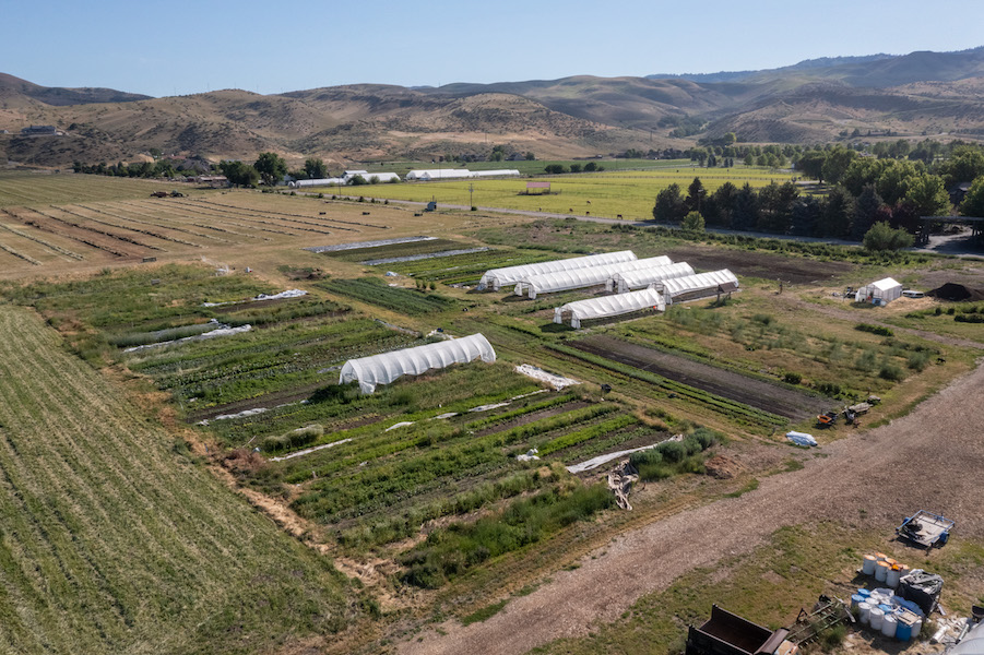 drone photograph of a small farm